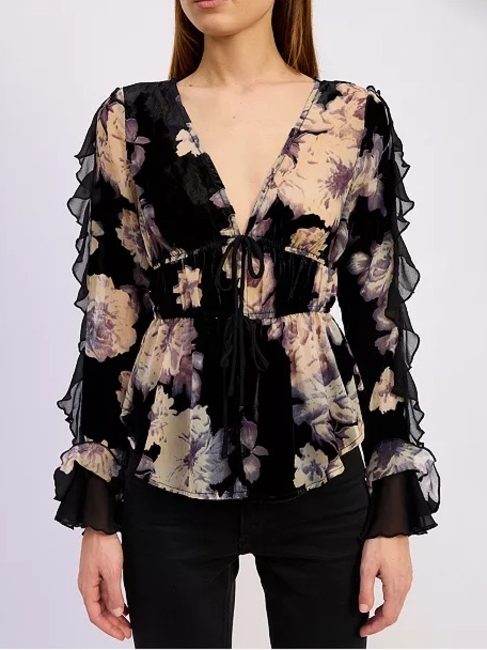Midnight Romance The Ultimate Velvet Floral Statement V-Neck Long-Sleeve Blouse